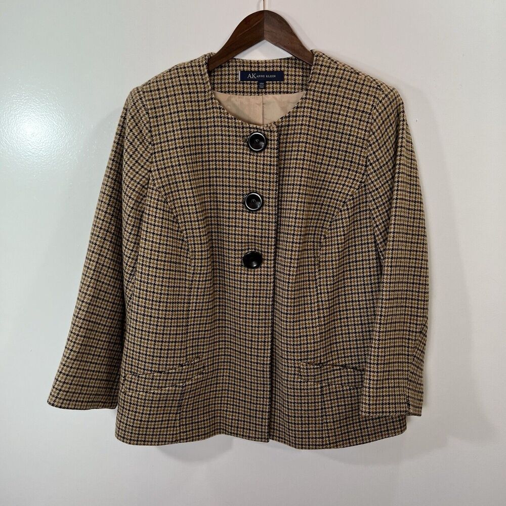 Anne Klein Women’s Wool Blazer Size 1X‎ 14W Collarless Houndstooth Brown Office